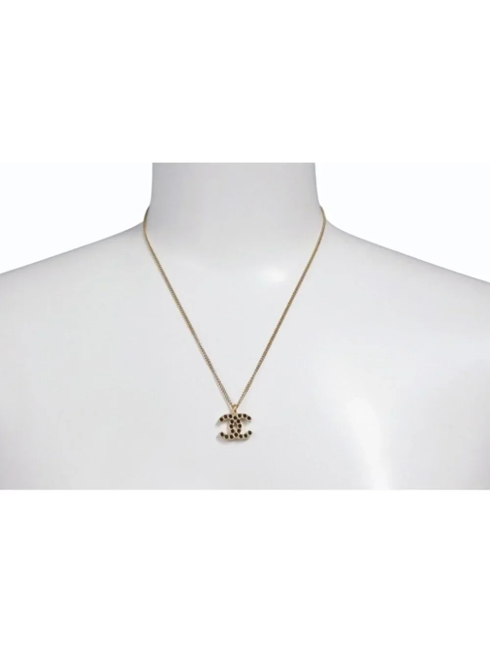 Chanel CC Logo Black Rhinestone Necklace Metal Gold